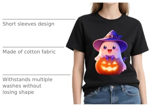 IRUD Halloween Shirts for Women - Pumpkin Ghost Wizard Hat Pattern Round Neck Short Sleeve - image 4
