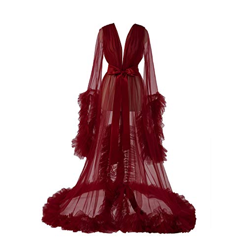 FangJian Women's Long Bridal Robes Burgundy Tulle Lingerie Wedding Party Nightgown Maternity Bathrobe Photoshoot Wedding Scarf