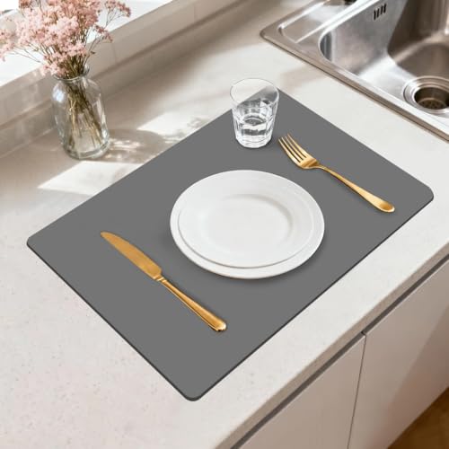 Dish Drying Mats for Kitchen Counter, Absorbent Hide Stain Dish Drying Rack Mat - Quick Dry, Easy to Clean-Coffee Bar Mat Kitchen Grey Dish Drying Mat for Countertop Coffee Bar Accessories 19
