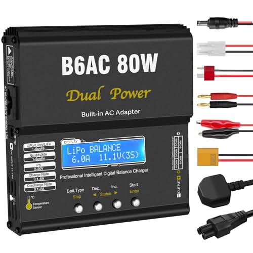 HTRC B6AC LiPo ladegerät Balancer, 80W 6A RC Ladegerät, LiPo Charger für LiPo/Li-Ion/Life (1-6S), NiMH/NiCd (1-15S) und PB Smart Akku, RC Akku Ladegerät mit LED-Bildschirm und XT60/Deans/JST
