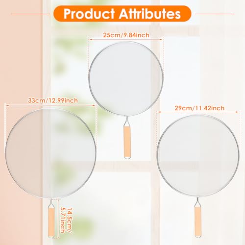 3 Pcs Splatter Screen for Frying Pan, Stainless Steel Fine Mesh Oil Splatter Guard, Splatter Guard with Wood Handle, Grease Splatter Guard for Cooking to Prevent Oil Splatter
