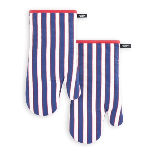 Kate Spade New York Botanical Stripe Oven Mitt 2-Pack Set, 7' x 13', Navy Blue/Red