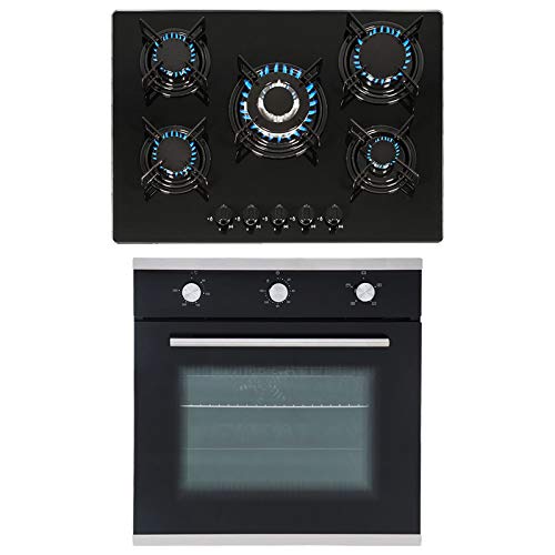 SIA 60cm Black True Fan Single Electric Oven And 70cm 5 Burner Gas On Glass Hob