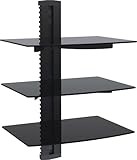VonHaus 3x Floating Wall Shelves with Strengthened Tempered Glass - Adjustable – Black - DVD Players/Cable Boxes/TV Accessories