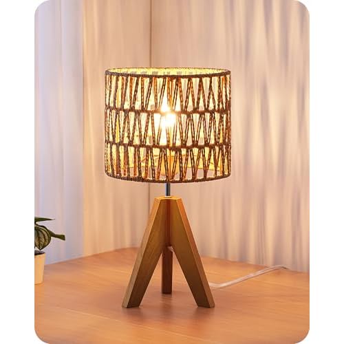 EDISHINE Small Table Lamp, Rattan Wood Tripod Bedside Lamp, Boho Nightstand Lamp for Living Room, End Table, Office, E26 Base, Natural Style W-shaped Wave