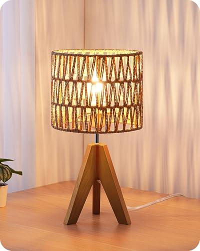EDISHINE Small Table Lamp, Rattan Wood Tripod...