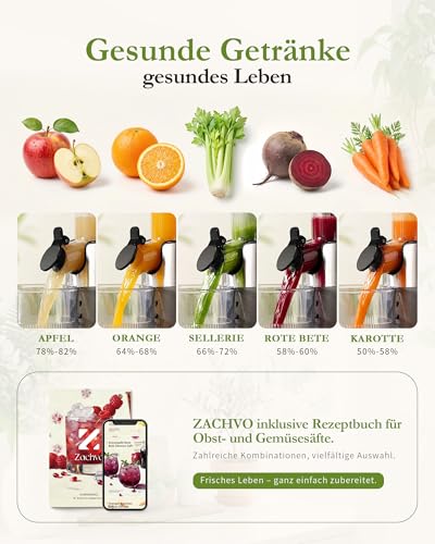 ZACHVO Entsafter BPA-frei Tritan, Slow Juicer für Gemüse und Obst Testsieger, 130 mm Einfüllöffnung, 1,5 L Einfüllbehälter, Kaltpress-Saftpresse, 220 W, einfache Reinigung