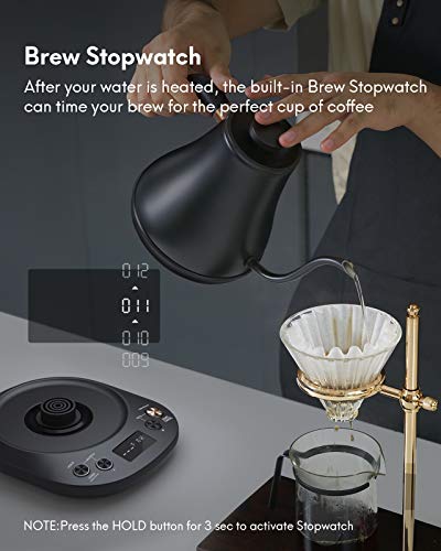 Willsence Electric Gooseneck Kettle Temperature Control, Pour Over Kettle for Coffee and Tea, 100% Stainless Steel Inner Lid and Bottom, 1200W Rapid Heating, 0.8L, Built-in Stopwatch, Matte Black