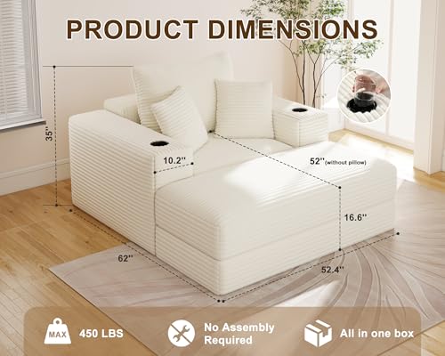 Busaurus 62\" Oversized Chaise Lounge Chair Indoor, Fluffy Corduroy Upholstered Boneless Couch, Convertible Sleeper Sofa Bed & Reading Chair, Cloud Sofa Couches for Living Room, No Assembly, Beige - Thumbnail 2