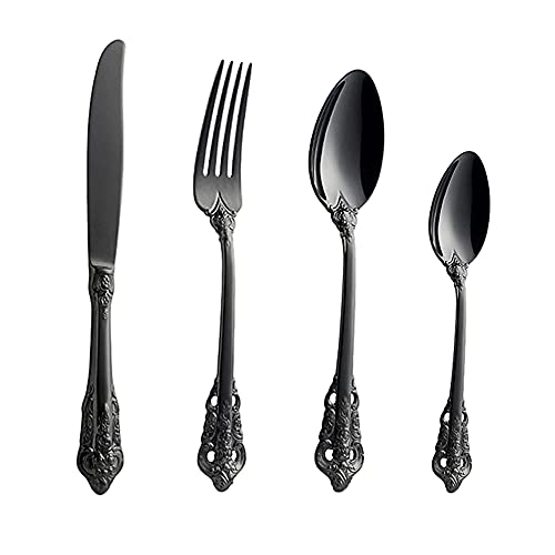 WuLun Edelstahl Besteck-Set Barock 4-teilig mit Messer Gabel Löffel Kaffeelöffel, Antik Königliche Stil, Spülmaschinenfest…