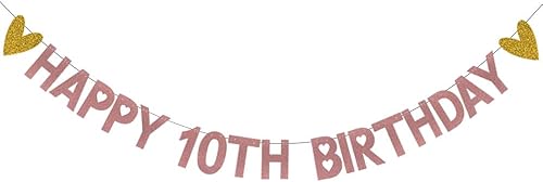 Cartel de feliz cumpleaños número 10, pre-encordado, decoración de fiesta de papel de oro rosa con purpurina para 10 años, suministros de fiesta de