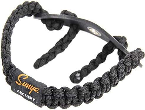 SUNYA Archery Bow Wrist Sling, 550 Paracord Strap Comfortable on Hand.100% Full Grain Leather Yoke, Multiple Camo Colors.Fit Compound Bow Stabilizer & Recurve. (Black)