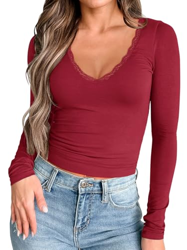 PINKMSTYLE Women's Fall Shirts Basic V Neck Long Sleeve Double Layering Tight Sexy Lace Teen Girls Tops Office Clothing Red Medium — view 2