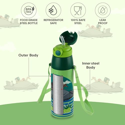 Image of CELLO Kidzbee Orb 600 Inner Steel Insulated Water Bottle 500 ml, Green | 3D Touch & Feel Jungle Book Design, Leakproof Flip Top Spout, Easy to Carry, Cold Water Bottle for Kids School