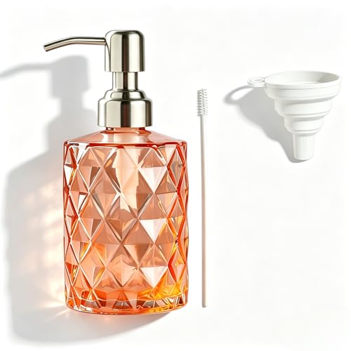 Easy Tang Clear Glass Hand Soap Dispenser Kitchen Bathroom 12 Oz Refillable Liquid Bottle with Silver Pump Ideal for Dish Detergent Essential Oil Shampoo Lotion (Amber)