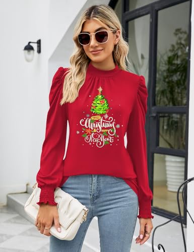 Image of LUYAA Puff Long Sleeve Shirts for Women Tops Dressy Casual Frill Mock Neck Smocked Cuffs Blouses