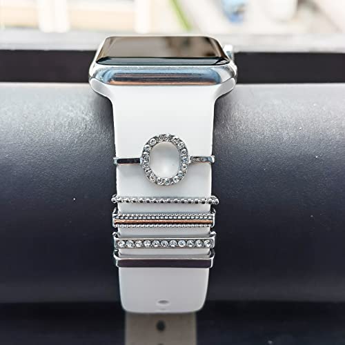 Image of 5Pcs Charms for Apple Watch band 41mm 45mm 40mm 44mm 38mm 42mm 46mm 49mm Women,Diamond+Metal Jewelry Decorative Ring For iWatch series 11 10 9 8 7 6 5 4 se 3 /2,Galaxy watch 7 /6 /5 /4,Strap Accessories