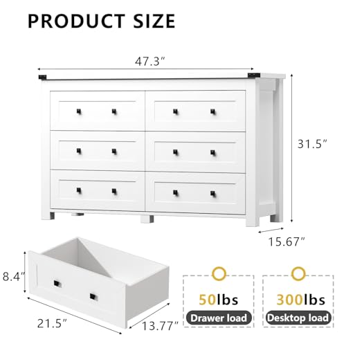 Image of HUANLEGO White Dresser for Bedroom with 6 Drawers, Modern Chest of Drawers, Wood Rustic Wide Storage Drawers Dressers Organizer for Closet, Living Room, Hallway