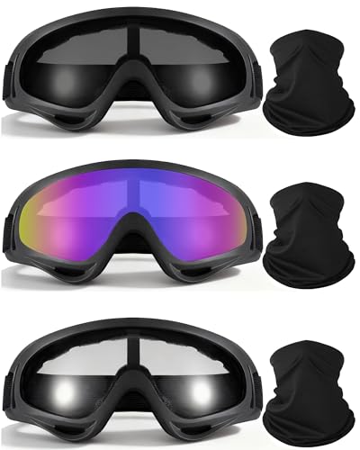 YISUGOOC 3 Pairs Motorcycle Goggles UV Protection Ski Goggles With 3 Pieces Neck Gaiter Riding Dust And Windproof (Color/Gray/Clear)