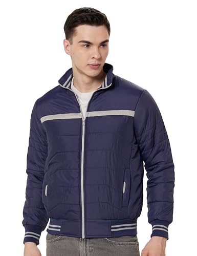 Image of Qube By Fort Collins Men's Nylon Standard Length Regular Fit Quilted Bomber Jacket with Detachable Hood - Winter Warm, Insulated Lining, Ribbed Cuffs, and Stylish Design