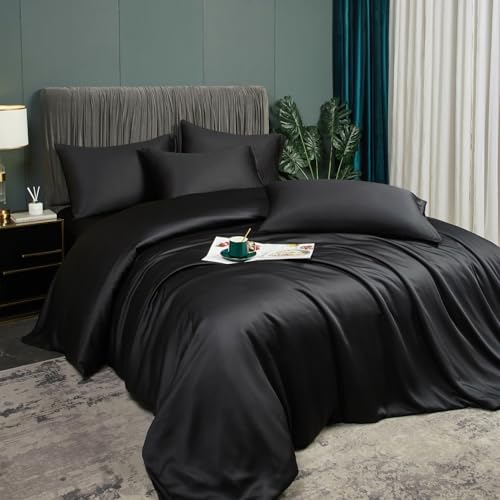 Luofanfei Housse de Couette 220x240 Noir Adulte 2 Personnes Bambou Polyester Parure Linge de lit Uni Lisse Soyeux Brillant Ensemble Literie avec Fermeture...