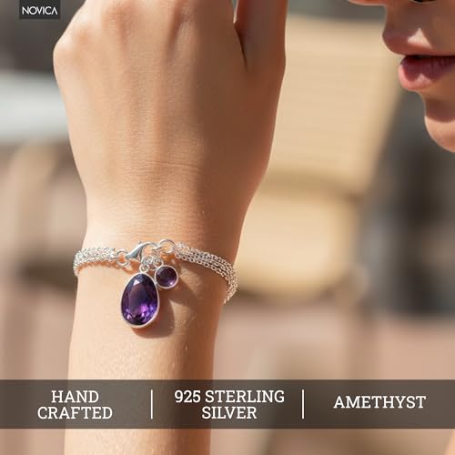 Image of NOVICA Artisan Handmade Amethyst Charm Bracelet Sterling Silver from India Purple Birthstone [7.5 in L x 0.2 in W Largest Piece 0.7 in H x 0.4 in W x 0.2 in D Smallest Piece 0.4 in H x 0.3 in W x 0.1]