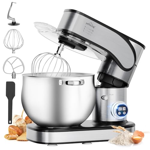 HOMELUX Küchenmaschine 2500W, Knetmaschine mit 12 Liter Edelstahl Schüssel, 12 Geschwindigkeitsstufen, LED-Touchscreen, Rührbesen, Knethaken, Schneebesen, Spatel und Spritzschutz, silberfarben