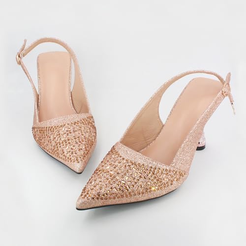 Women's Glitter Rhinestone Slingback Kitten Heels Closed Pointed Toe Adjustable Ankle Buckle Slip On Sparkly Pumps Comfortable Heels for Wedding Party Prom Dressy2
