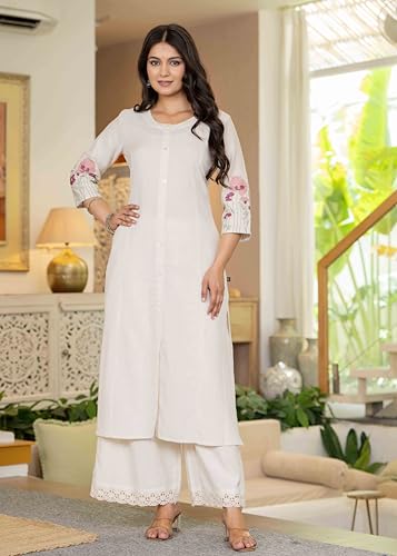 Image of Pistaa's Women Cotton Elegant Off-White Floral Embroidered Sleeves Kurta Palazzo Set