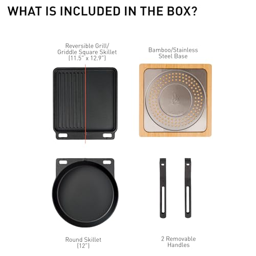 Image of Solo Stove Pi Cast Iron 3-Piece Cookware Set | Incl. Round Skillet (30,5 cm), Reversible Grill /Griddle (29,2 x 33 cm), 2 Removable Handles, Bamboo /Stainless Steel Base for Protection