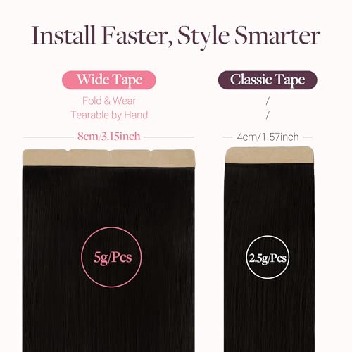 Image of GOO GOO Tape In Weft Hair Extensions Human Hair, 1 Jet Black, 8cm Wide Tape, 20inch 20pcs 100g, Tape Weft Hair Extensions, Seamless Tape in