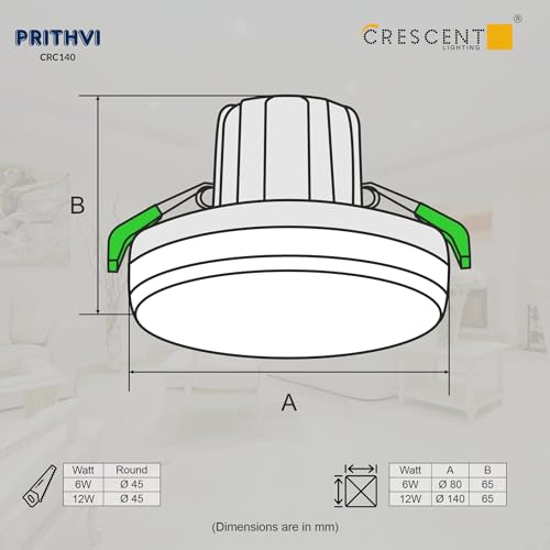 Image of Crescent Prithvi CRC140 12W Round LED Junction Box Light | Blue Light | Slim Recessed Ceiling Panel | Easy Spring Clip Installation | Indoor Lighting