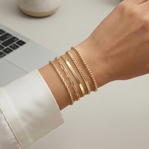 Poxtex Gold Bracelets for Women, 14K Real Gold Dainty 7" +2" Adjustable Multilayer Trendy Bracelets Set for Women Waterproof Inclued Beaded, Cuban, Paperclip, Snake, Rope, Figaro, Mirror, Satellite
