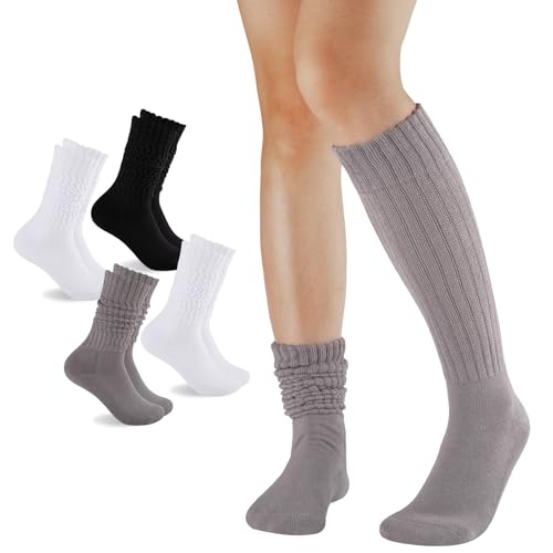 4 Paires Chaussettes Hautes Femme Souple Empilées Chaussette Montantes Femme Chaussettes Longues Hiver pour Bottes Mocassins (2 Blancs+1 Noir+1 Gris)
