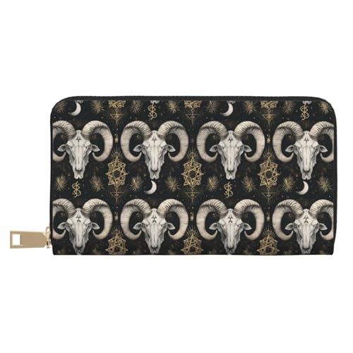 Leather Thin Slim Wallets for Women & Men - Mystic Ram Skull Print Card Wallet Holder with Zipper
