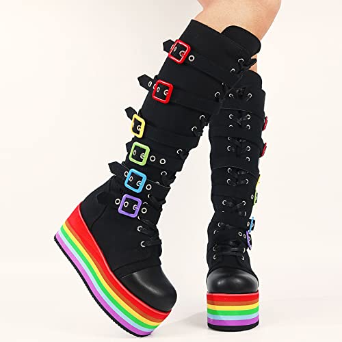 Celnepho Knee High Platform Boots For Women Fashion Gothic Punk Rainbow Sole Buckle Zip Lace Up Wedge Heeled Boots Round Toe Combat Motorcycle Boots #TOP2