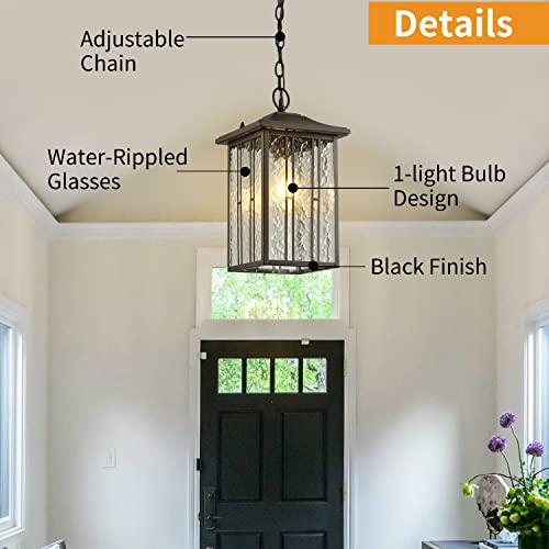 Smeike Outdoor Pendant Light, Black Exterior Hanging Lights, Led Outdoor Chandelier, Modern Hanging Lantern For Porch, Ceiling Entry Porch Patio Matte Black With Water-Rippled Glasses #TOP3