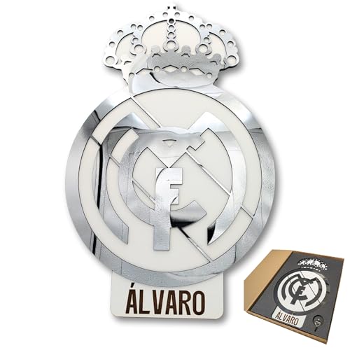 NIRALIS Escudo R Madrid Personalizado Efecto Espejo | Placa Decorativa R.M De Pared Con Nombre | Corte Láser Premium | Logotipo grande R MADRID madera | Regalos Real Mad Premium