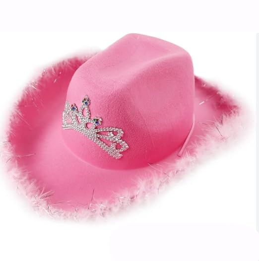 SoWest Women’s Fluffy Feather Brim Cowboy Hat with Tiara Crown – Pink Hen Party & Festival Fancy Dress Accessory | Western Cowgirl Hats for Bachelorette, Halloween & Birthday Parties