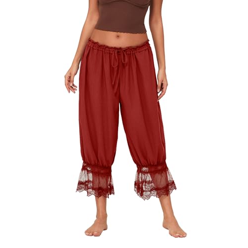 SOLILOQUY Women Y2K Half Slip Pettipants Mid Rise Lace Patchwork Bloomers Trousers Ruffle Pantaloons Cropped Flared Pants