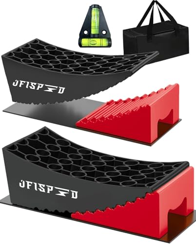 Image of RV Leveling Blocks Ramp Kit, 2 Packs Camper Leveler System for Travel with Two Chocks, 2 Anti-Slip Mats, 1T Bubble Level and Carry Bag, Up to 35000 LBS, Easier & Faster to Level Camper-Red