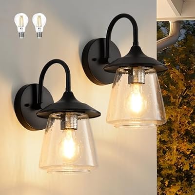 Outdoor Wall Sconce, Exterior Waterproof Wall Light Fixture, Outside Porch Light with Bubble Glass Shade, Matte Black Outdoor Wall Lantern for Patio, Garage, entryway, 2-Pack