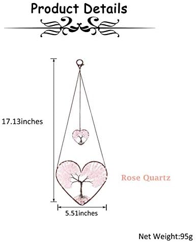 Jovivi Rose Quartz Heart Tree of Life Dream Catcher Hanging Ornament Bohemian Pink Double Hearts Tree of Life Crystal Window Car Wall Art Hanging Decorations for Home Bedroom Decor