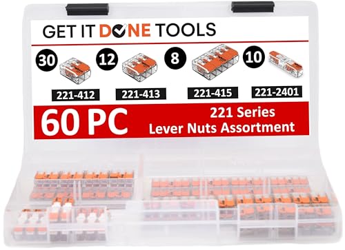 60pc Compact Splicing Wire Connector Assortment with Case. Includes (30x) 221-412, (12x) 221-413, (8X) 221-415, (10x) 221-2401 Lever Nuts