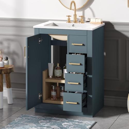 Image of 24 Inch Bathroom Vanity with Ceramic Sink, Cabinet and 3 Drawers, Modern Freestanding Vanity for Small Bathroom (Blue)