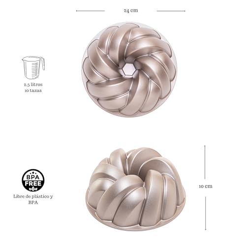 Miniatura 5 de Erreke Molde Bizcocho Horno, Molde Tarta, Doble Capa Antiadherente, Aluminio Fundido Resistente, Savarín Cocción Uniforme, Repostería, Color Oro Rosa, 24cm, 2.5 Litros, Plait