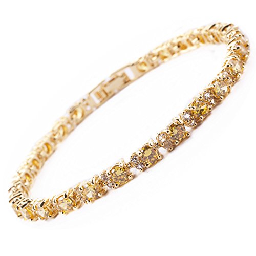 RIZILIA Yellow Citrine Tennis Bracelet for Women - 25 Stone 6.25 CTTW 4mm Round Cut CZ 14K Yellow Gold Plated Eternity Chain November Birthstone Gift 7 Inch