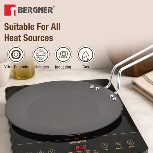 Image of BERGNER ArtisanForge Hard Anodised 28cm Roti Tawa, Sturdy Handle, Durable, Even Heat Distribution, 4.8mm Thickness, Metal Spoon Friendly, Paratha /Phulka /Chapati Tawa - Induction and Gas Stove Ready