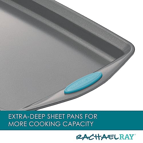 Rachael Ray Bakeware Nonstick Cookie Pan Set, 3-Piece, Gray With Agave Blue Grips #TOP3