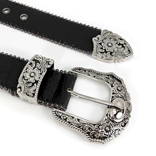 Yalice Women Black Western Belt Country Cowgirls Belt for Jeans Dresses Vintage Silver Buckle Leather Belts for Men4